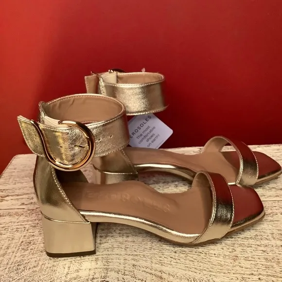 Aerosols NWT 6.5 Eliza Soft Gold Real Leather Ankle Strap  2.16 “Heeled Sandals
