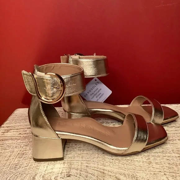 Aerosols NWT 6.5 Eliza Soft Gold Real Leather Ankle Strap  2.16 “Heeled Sandals