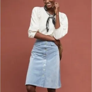 Anthropologie Light Blue Corduroy Midi Skirt - Button Front - Pockets - Size 8