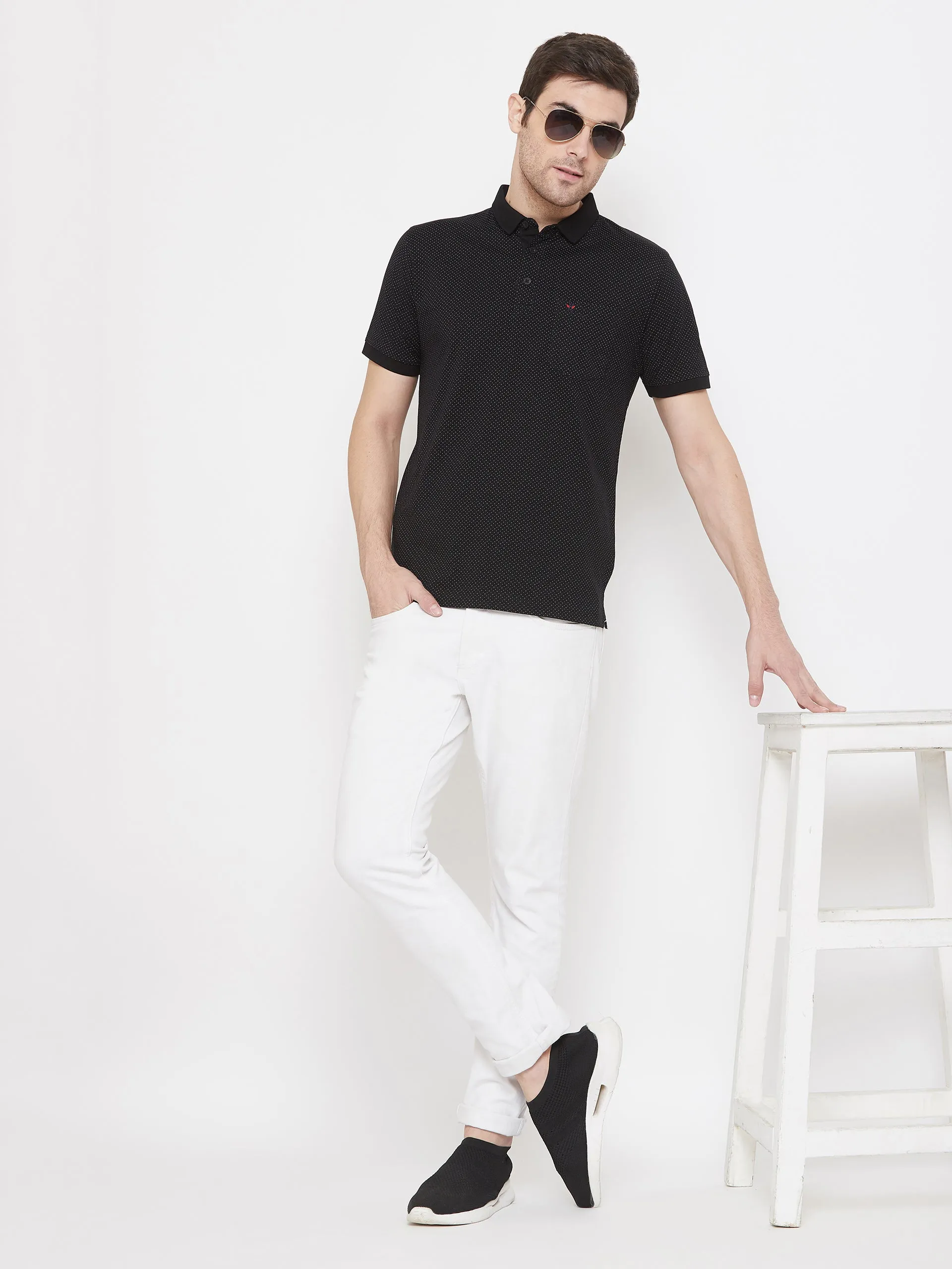 Black Printed Polo Neck T-Shirt
