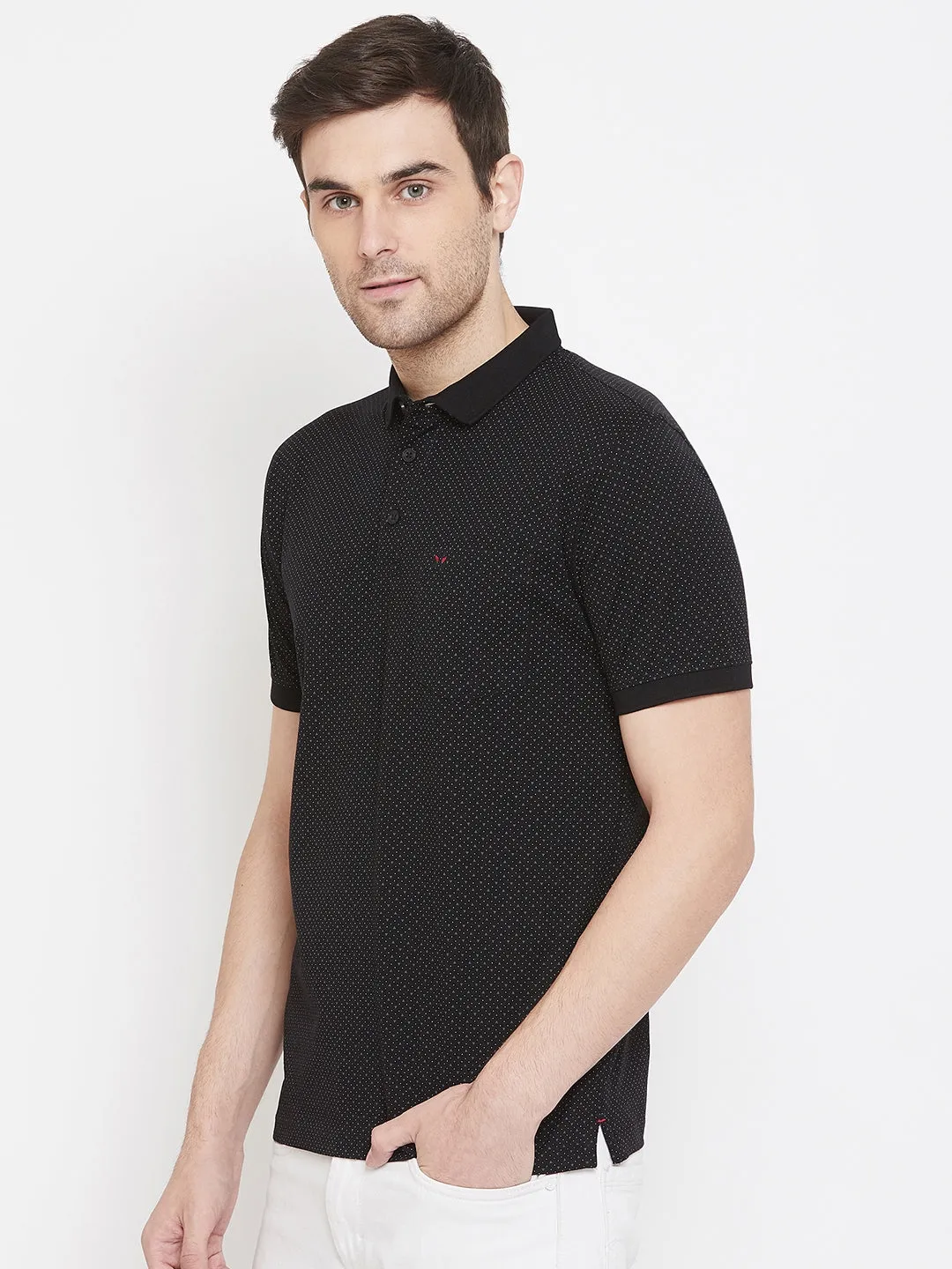 Black Printed Polo Neck T-Shirt