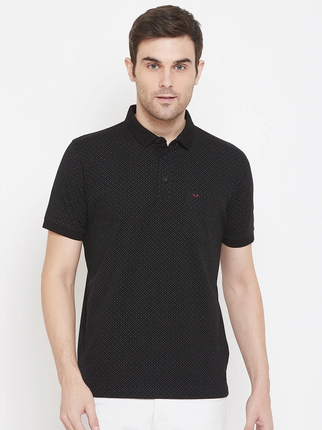 Black Printed Polo Neck T-Shirt