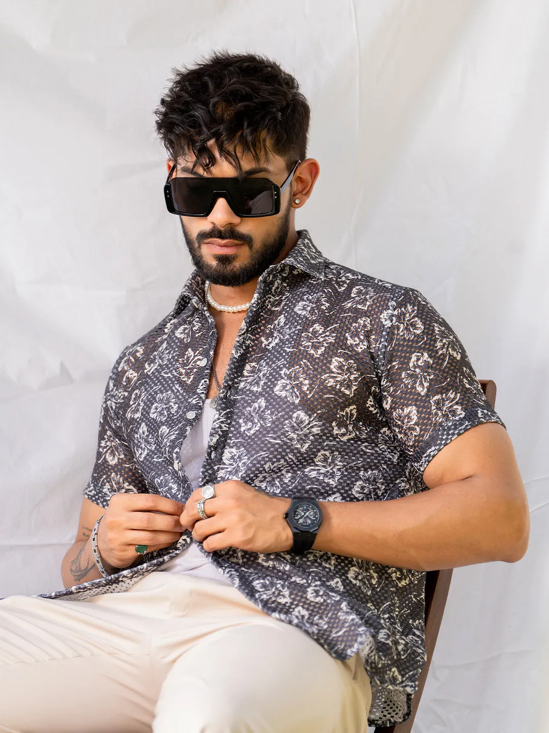 Black White Floral Print Half Sleeve Crochet Shirt