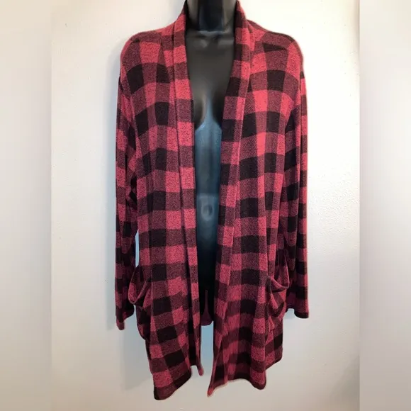 Bobeau Red Plaid Cardigan Comfy Casual Dressbarn Fishermen Boyfriend Sweater 1X