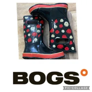 Bogs Classic Kids Unisex Size 3 Black W/ Red/Yellow Scribble Dot‎ Rainboots