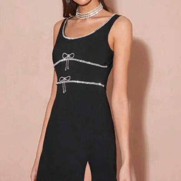 bow detail rhinestone embellished black mini dress - thick fully lined material