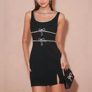 bow detail rhinestone embellished black mini dress - thick fully lined material