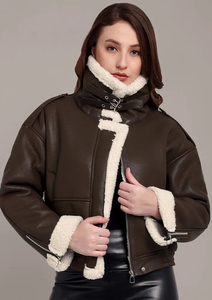 Brown Leather Jacket with fleece