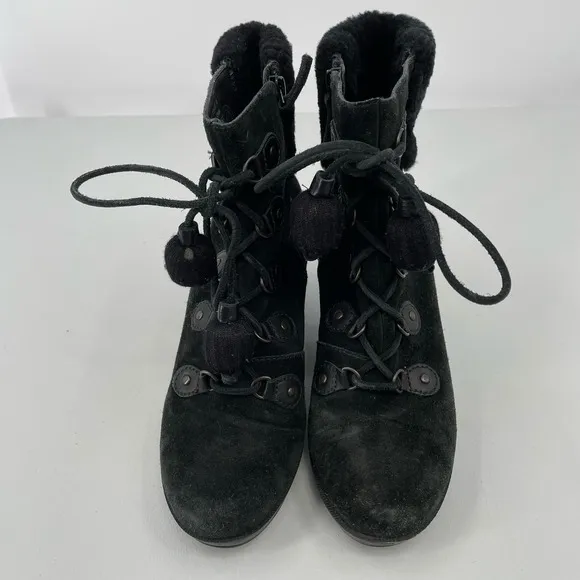 Cole Haan Womens Size 9B Black Pom Pom Wedge Sueded Leather Boots D35450
