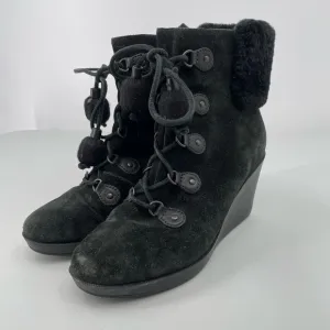 Cole Haan Womens Size 9B Black Pom Pom Wedge Sueded Leather Boots D35450