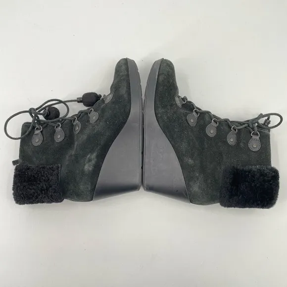 Cole Haan Womens Size 9B Black Pom Pom Wedge Sueded Leather Boots D35450