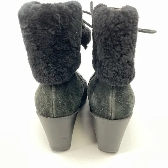 Cole Haan Womens Size 9B Black Pom Pom Wedge Sueded Leather Boots D35450