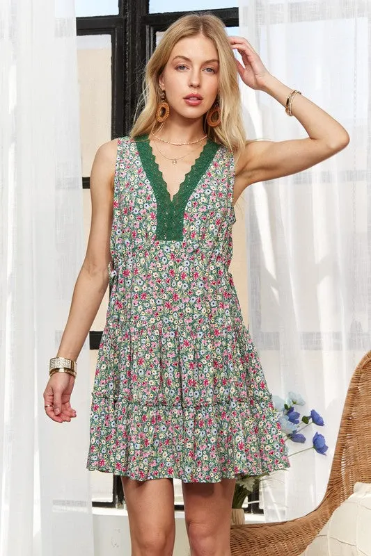Dark Green Lace Detail V-Neck Sleeveless Mini Dress