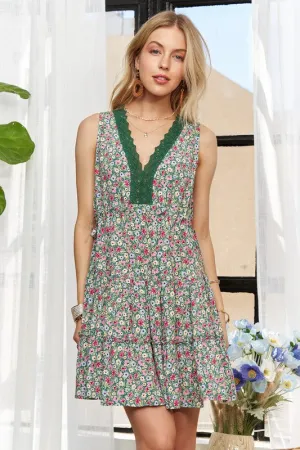 Dark Green Lace Detail V-Neck Sleeveless Mini Dress