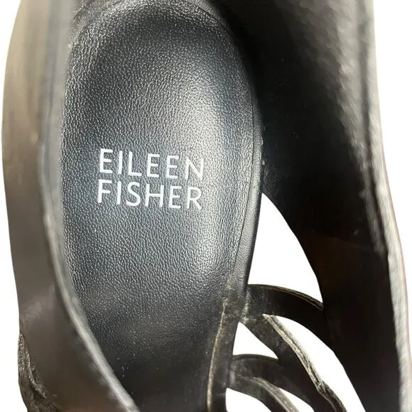 EILEEN FISHER Black Leather Caged Wedge Lattice Zip Back Sandals Women’s Sz 7.5