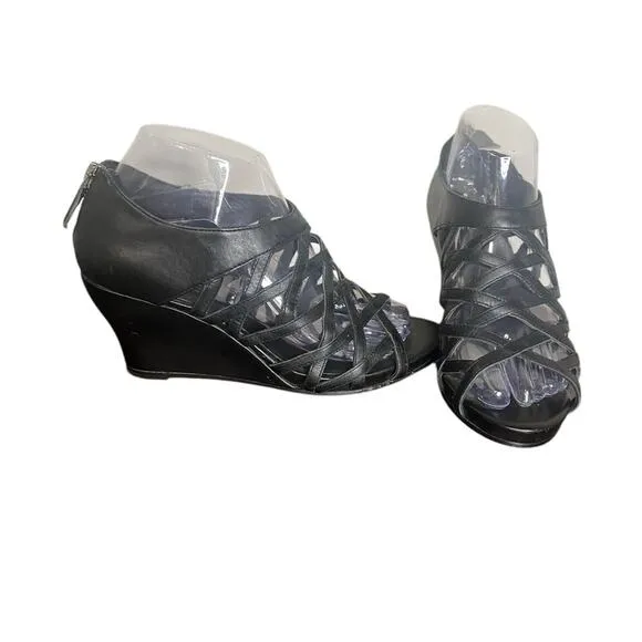 EILEEN FISHER Black Leather Caged Wedge Lattice Zip Back Sandals Women’s Sz 7.5