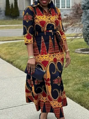 Elegant Geometric Print Midi Dress with Belt – Casual Chic, Button-Up Collar, Non-Stretch Polyester