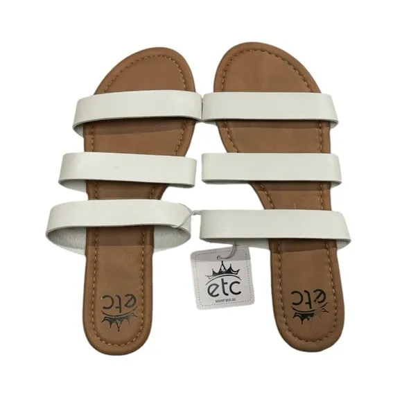 Etcetera size 8/9 NWT slide on style sandals. Tan with white straps along top.
