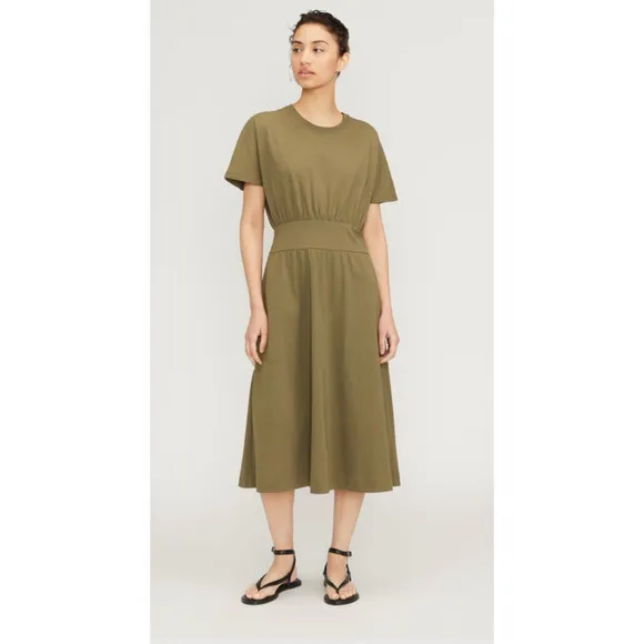 Everlane The Organic Cotton Waisted Midi Dress in Kalamata Olive Women's Large