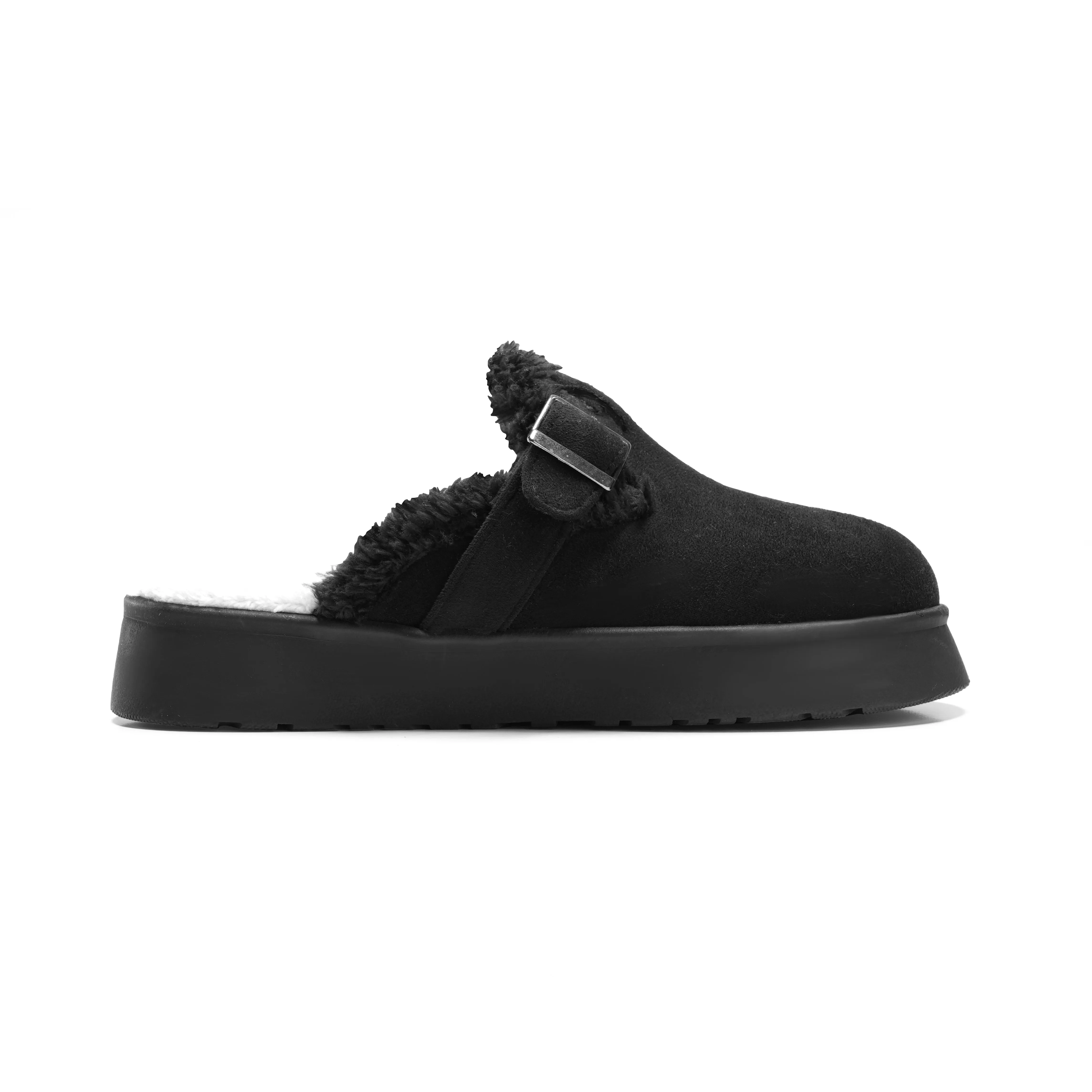 Faux Fur-Lined Suede Clogs - Black