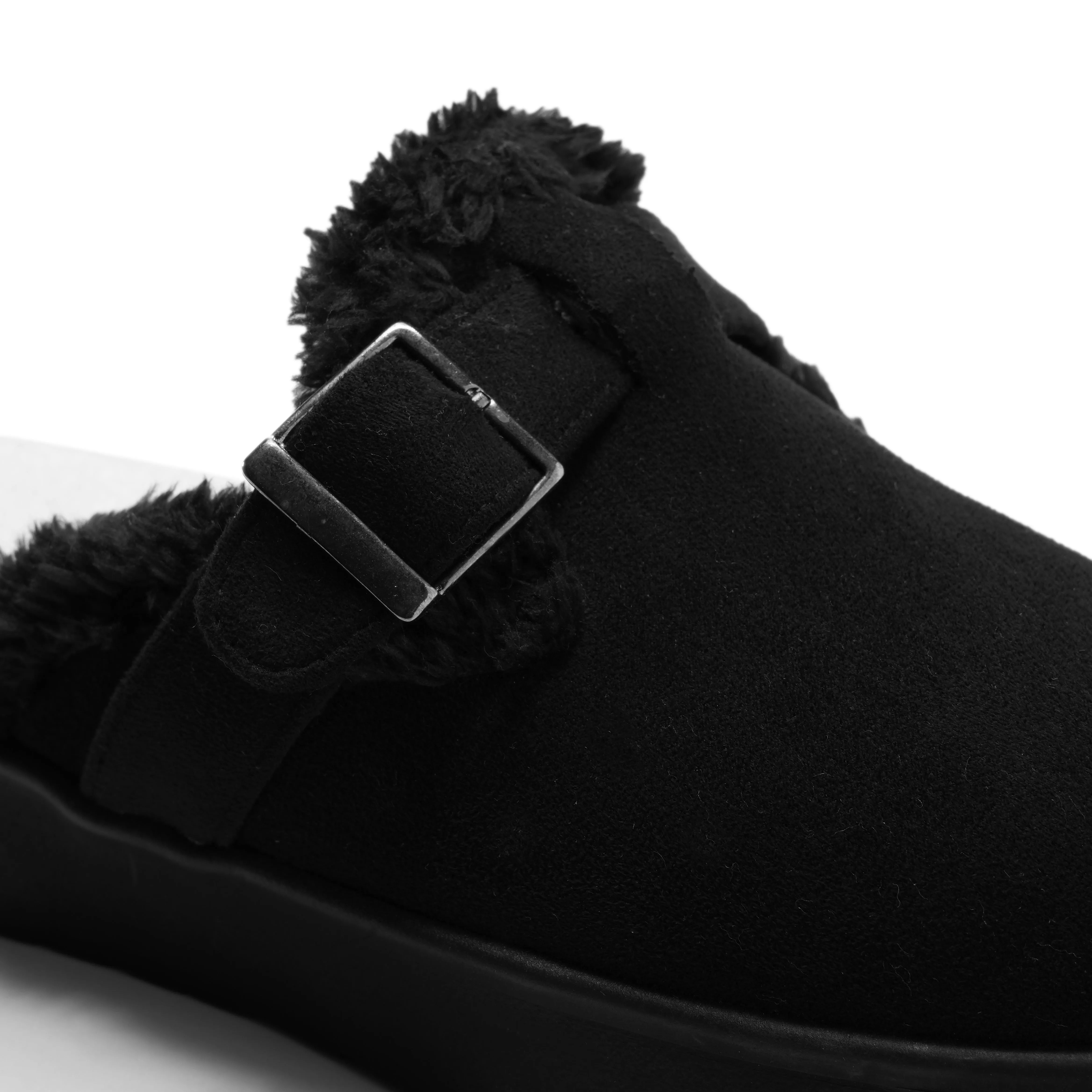 Faux Fur-Lined Suede Clogs - Black