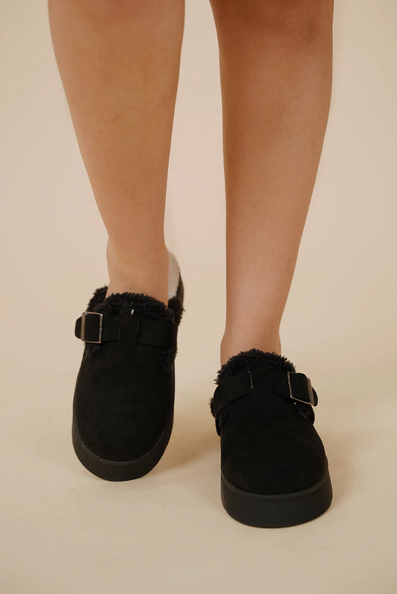 Faux Fur-Lined Suede Clogs - Black