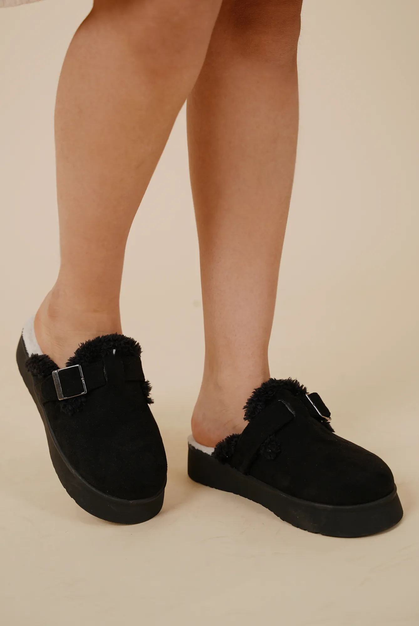 Faux Fur-Lined Suede Clogs - Black