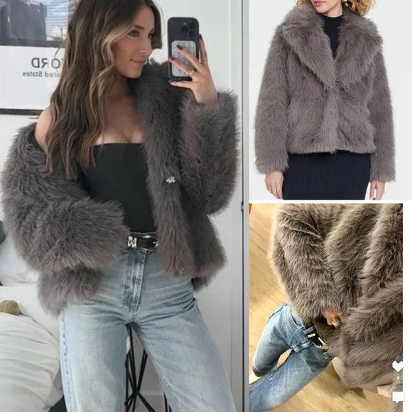 Gray thick fully lined faux fur jacket coat