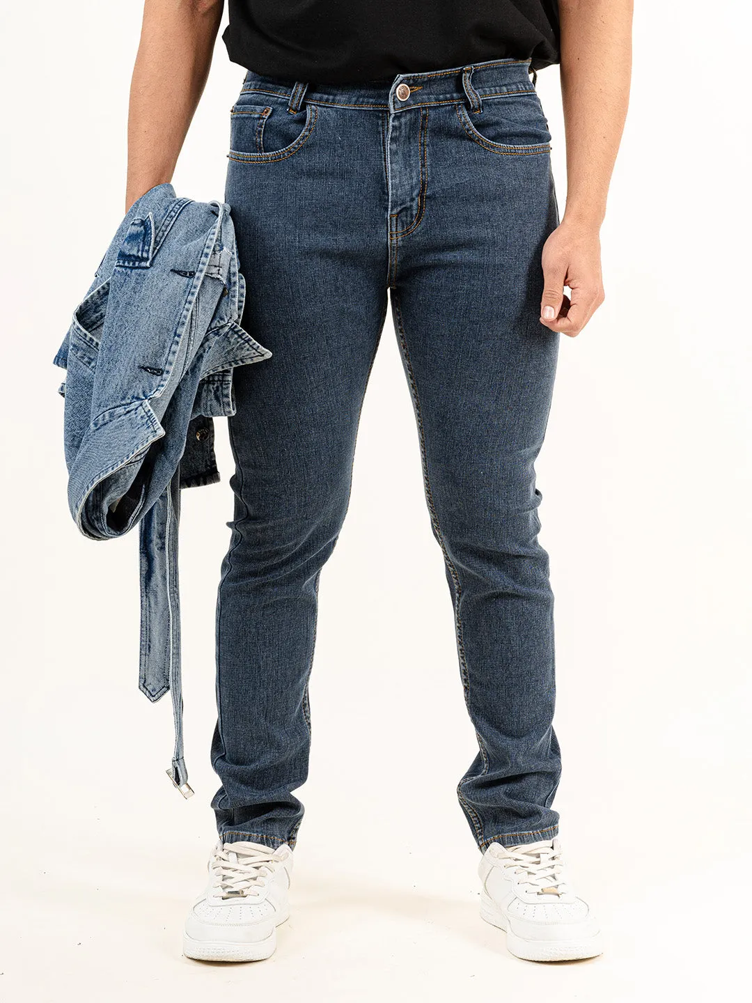 Greyish Blue Plain Slim Fit Denim jeans
