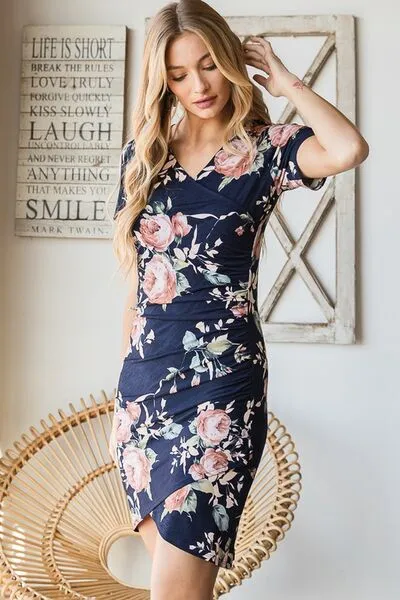 Heimish Full Size Ruched Floral Mini Dress