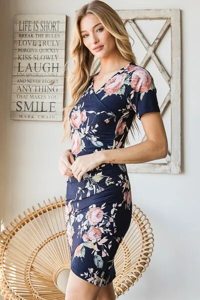Heimish Full Size Ruched Floral Mini Dress