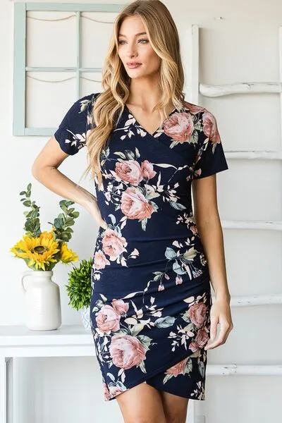 Heimish Full Size Ruched Floral Mini Dress