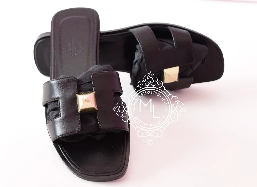 Hermes Womens Clous Pyramides Black Oran Sandal Slipper 36 Shoes