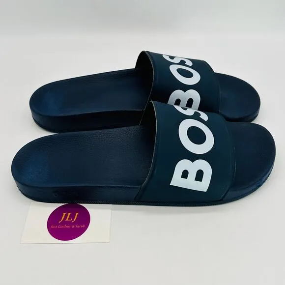 Hugo Boss Men's BOSS Logo Italian-Made Slide Sandals Dark Blue Size 46 IT/ 13 US