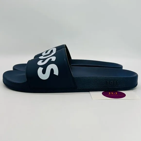 Hugo Boss Men's BOSS Logo Italian-Made Slide Sandals Dark Blue Size 46 IT/ 13 US