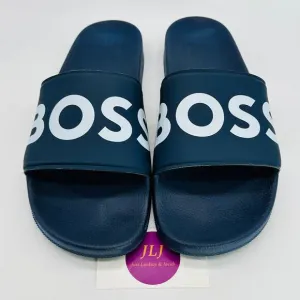 Hugo Boss Men's BOSS Logo Italian-Made Slide Sandals Dark Blue Size 46 IT/ 13 US
