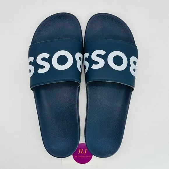 Hugo Boss Men's BOSS Logo Italian-Made Slide Sandals Dark Blue Size 46 IT/ 13 US