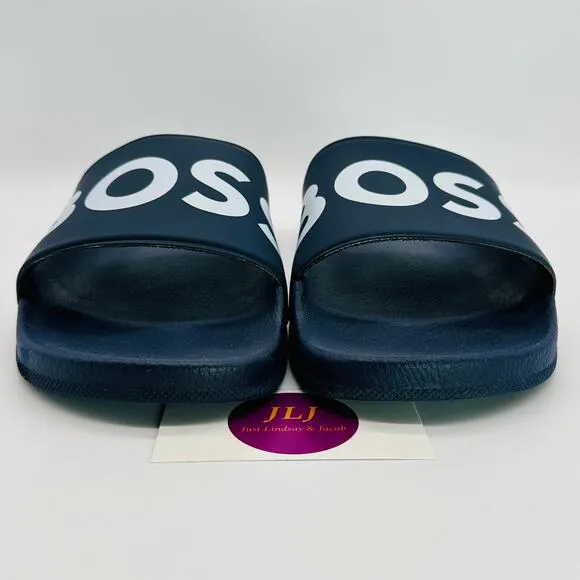 Hugo Boss Men's BOSS Logo Italian-Made Slide Sandals Dark Blue Size 46 IT/ 13 US