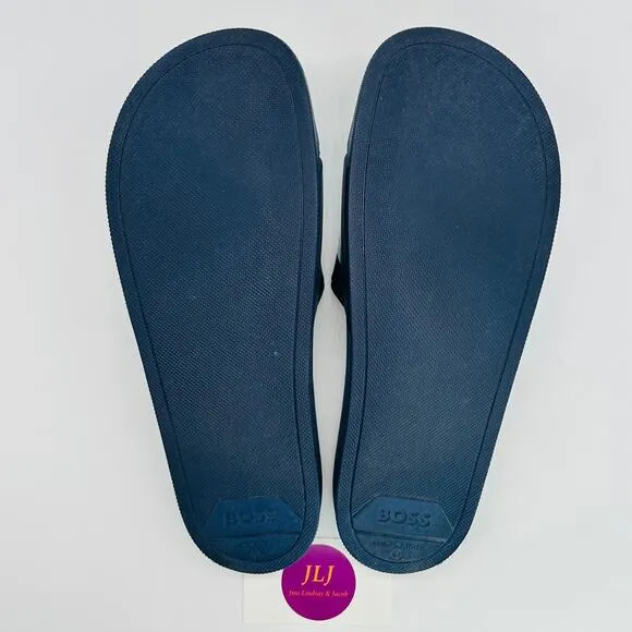 Hugo Boss Men's BOSS Logo Italian-Made Slide Sandals Dark Blue Size 46 IT/ 13 US