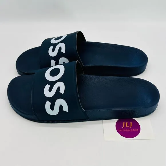 Hugo Boss Men's BOSS Logo Italian-Made Slide Sandals Dark Blue Size 46 IT/ 13 US