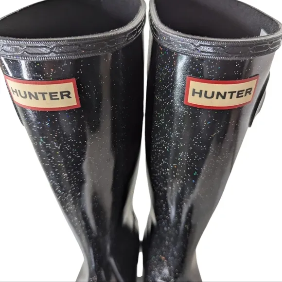 Hunter Girls Original Tall Rain Boots Starcloud Glitter Black Big Kids Size 5