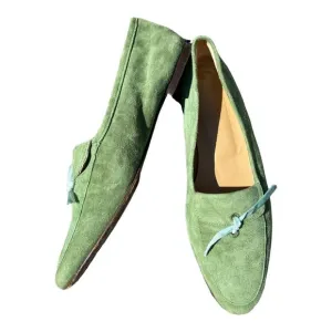 J. Crew Sz 6 Manhattan Loafers Green Suede Leather Bow Slip On Shoe Italy 62042