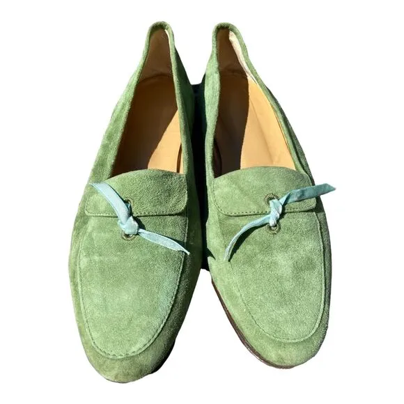 J. Crew Sz 6 Manhattan Loafers Green Suede Leather Bow Slip On Shoe Italy 62042