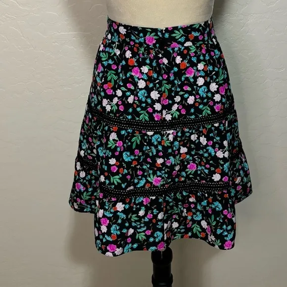 Kate Spade New York Greenhouse Lace Inset Floral A-Line Silk Skirt Size 00