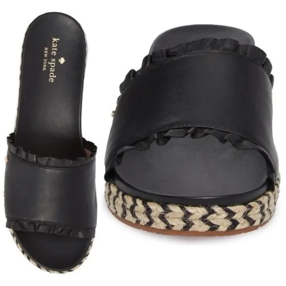 Kate Spade Zahara black ruffle rafia slides Sandals 7.5