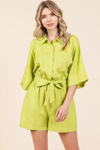 Lime Green Tie Waist Half Sleeve Romper