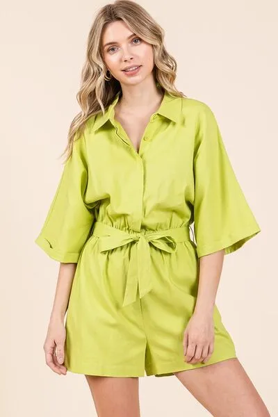 Lime Green Tie Waist Half Sleeve Romper