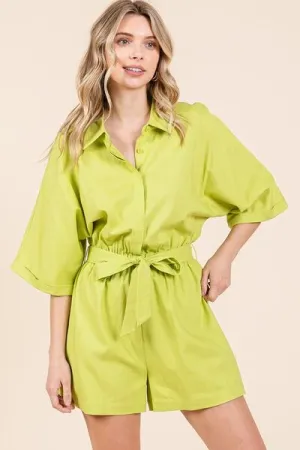 Lime Green Tie Waist Half Sleeve Romper