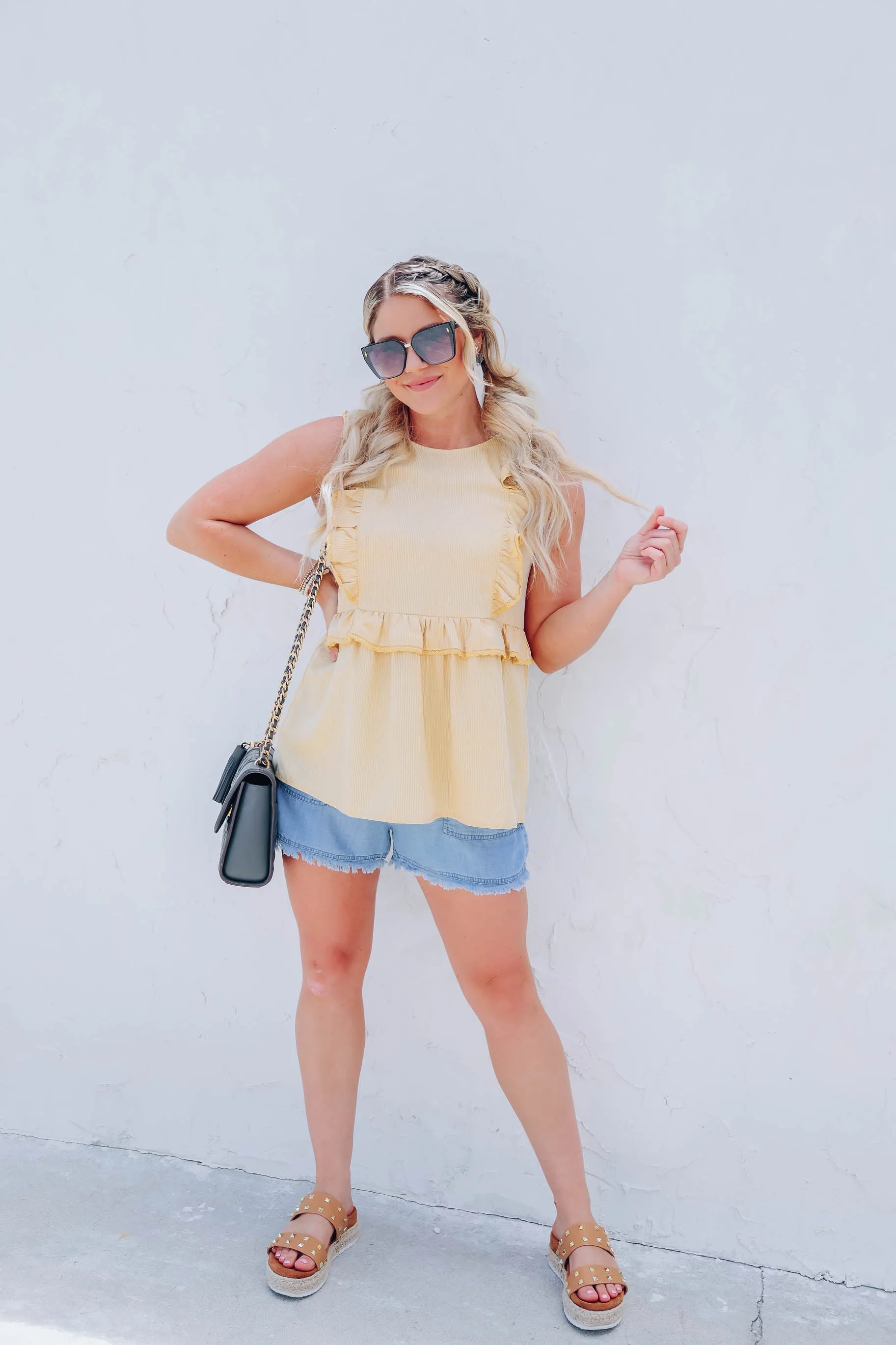 Mack Pinstrip Ruffle Tank Blouse