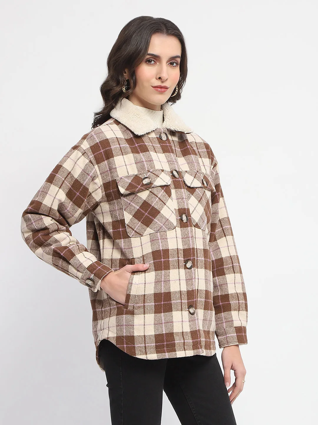 Madame Chequered Button Up Brown Shacket